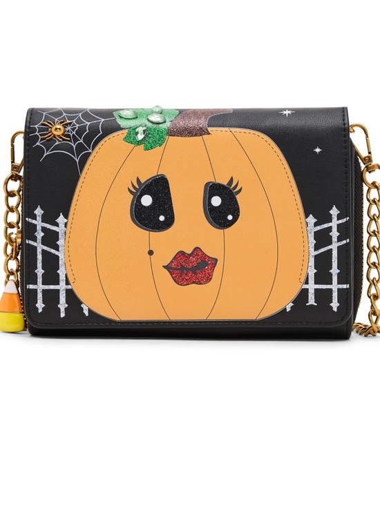 Betsey Johnson Handbags - Betsey Johnson Black Crossbody Bag with Orange Pumpkin Face and Gold Chain